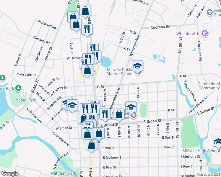 map of restaurants, bars, coffee shops, grocery stores, and more near 311 G Street in Millville