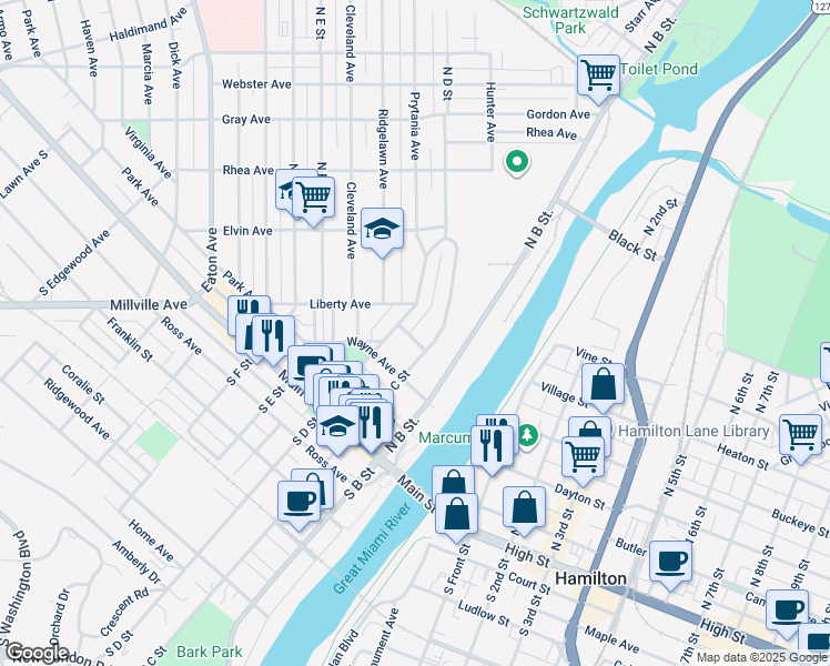 map of restaurants, bars, coffee shops, grocery stores, and more near 318 North D Street in Hamilton