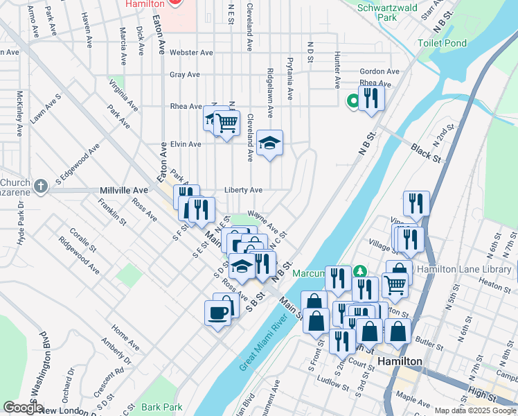 map of restaurants, bars, coffee shops, grocery stores, and more near 227 North D Street in Hamilton