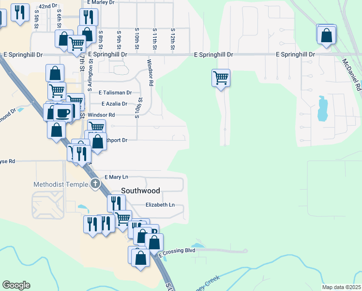 map of restaurants, bars, coffee shops, grocery stores, and more near 1211 East Southport Drive in Terre Haute
