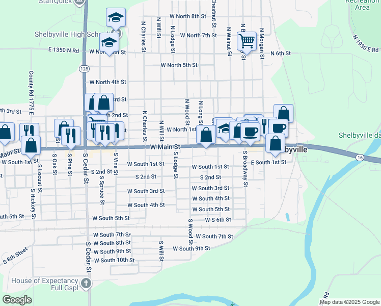 map of restaurants, bars, coffee shops, grocery stores, and more near 498 West Main Street in Shelbyville
