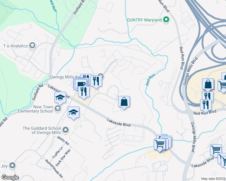 map of restaurants, bars, coffee shops, grocery stores, and more near 6 Williams Court in Owings Mills