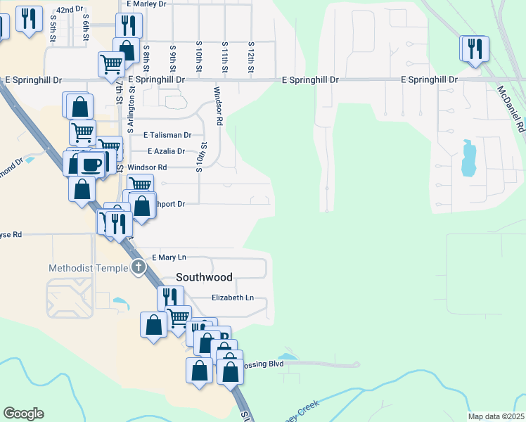 map of restaurants, bars, coffee shops, grocery stores, and more near 1211 East Southport Drive in Terre Haute