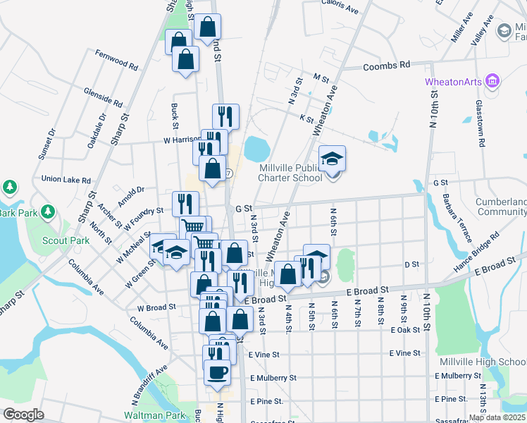 map of restaurants, bars, coffee shops, grocery stores, and more near 311 G Street in Millville
