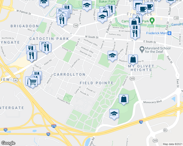 map of restaurants, bars, coffee shops, grocery stores, and more near 414 Center Street in Frederick