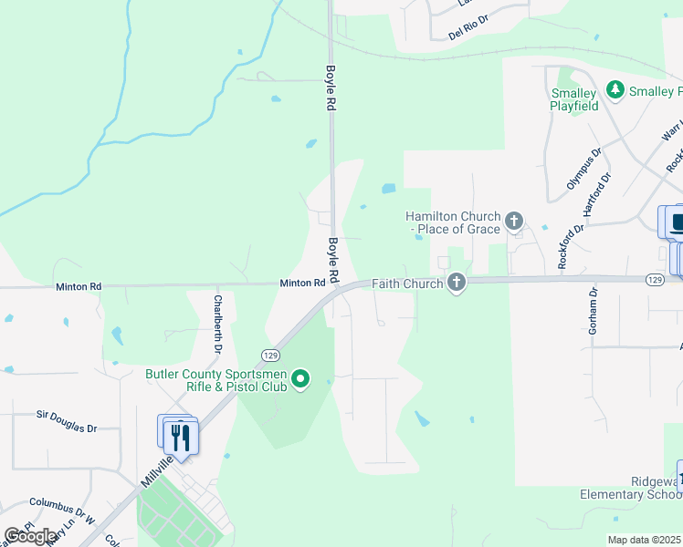 map of restaurants, bars, coffee shops, grocery stores, and more near 626 Boyle Road in Hamilton
