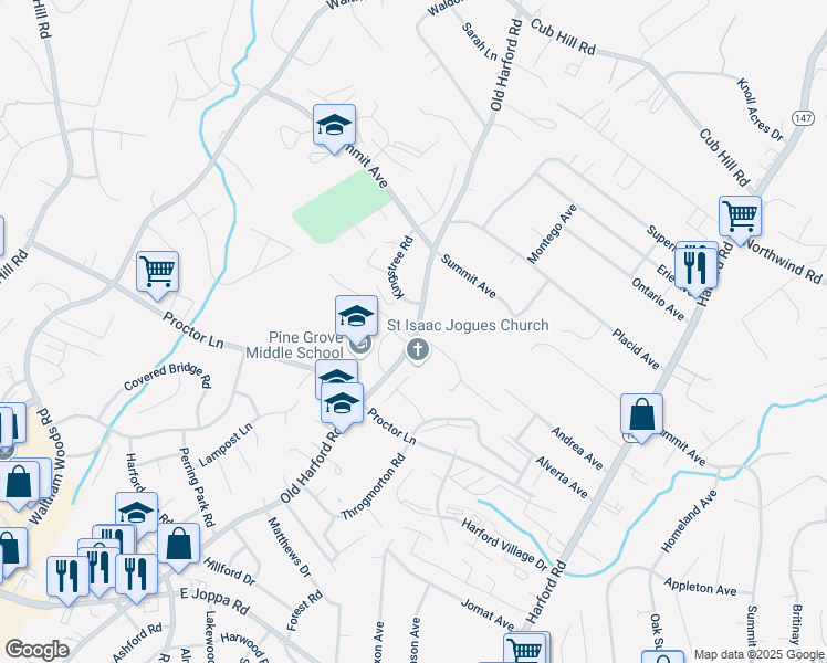 map of restaurants, bars, coffee shops, grocery stores, and more near 9200 Old Harford Road in Parkville