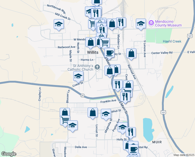 map of restaurants, bars, coffee shops, grocery stores, and more near 508 Coast Street in Willits
