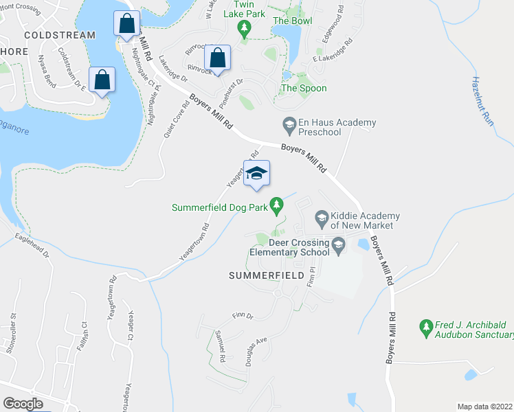 map of restaurants, bars, coffee shops, grocery stores, and more near 10601 Finn Drive in New Market