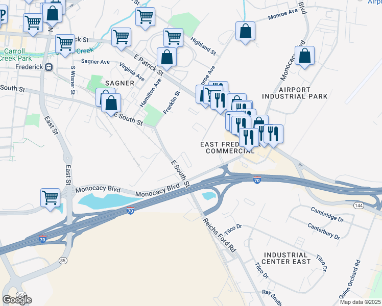 map of restaurants, bars, coffee shops, grocery stores, and more near 809-899 East South Street in Frederick