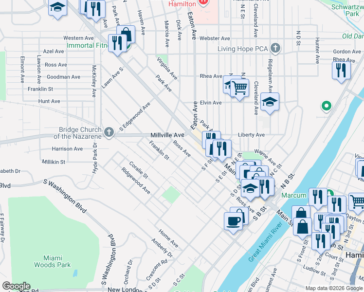 map of restaurants, bars, coffee shops, grocery stores, and more near in Hamilton