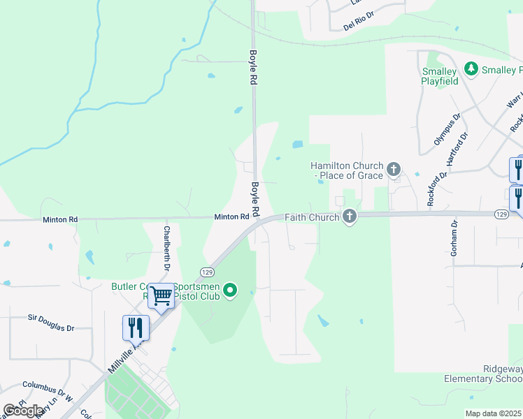 map of restaurants, bars, coffee shops, grocery stores, and more near 626 Boyle Road in Hamilton