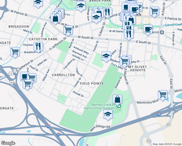 map of restaurants, bars, coffee shops, grocery stores, and more near 207 Spruce Court in Frederick