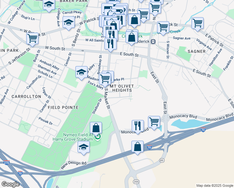 map of restaurants, bars, coffee shops, grocery stores, and more near 16 Mount Olivet Boulevard in Frederick