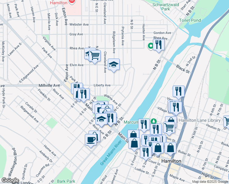map of restaurants, bars, coffee shops, grocery stores, and more near 227 North D Street in Hamilton