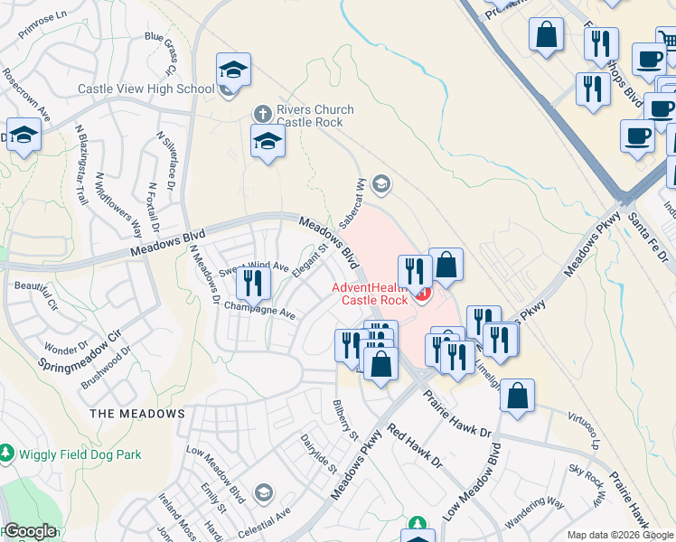map of restaurants, bars, coffee shops, grocery stores, and more near 4494 Vindaloo Drive in Castle Rock
