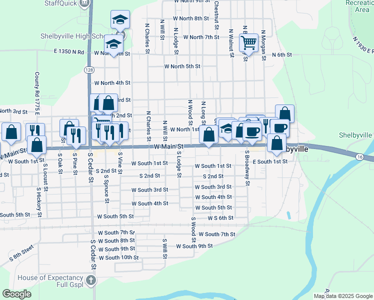 map of restaurants, bars, coffee shops, grocery stores, and more near 498 West Main Street in Shelbyville