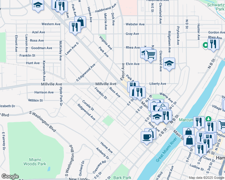 map of restaurants, bars, coffee shops, grocery stores, and more near 638 Ross Avenue in Hamilton