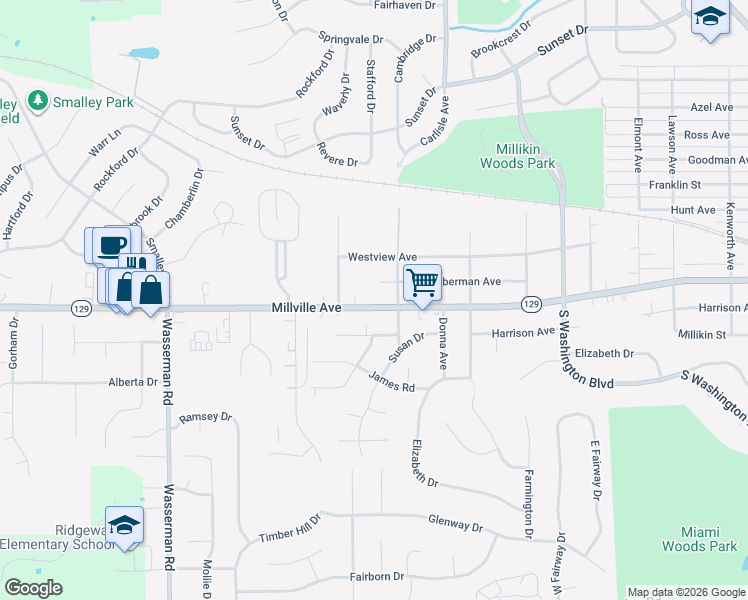 map of restaurants, bars, coffee shops, grocery stores, and more near 1123 Ohio 129 in Hamilton