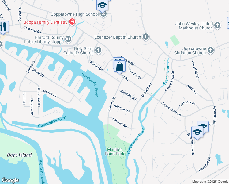 map of restaurants, bars, coffee shops, grocery stores, and more near 226 Kearney Drive in Joppatowne