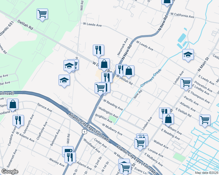 map of restaurants, bars, coffee shops, grocery stores, and more near 825 North New Road in Pleasantville