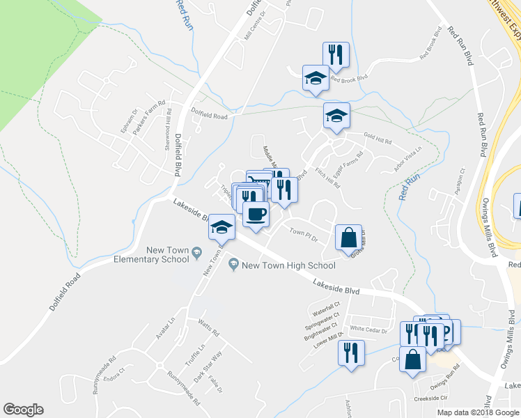 map of restaurants, bars, coffee shops, grocery stores, and more near 9730 Groffs Mill Drive in Owings Mills