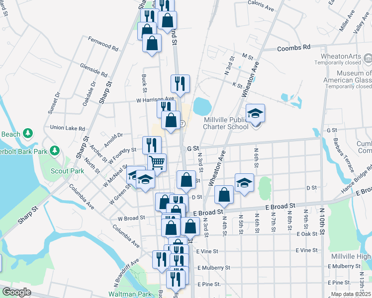 map of restaurants, bars, coffee shops, grocery stores, and more near 228 G Street in Millville