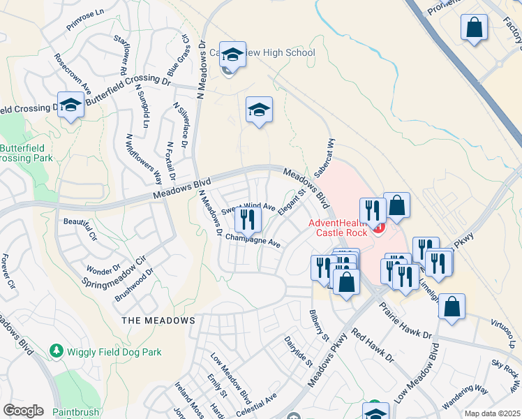 map of restaurants, bars, coffee shops, grocery stores, and more near 4418 Fell Mist Way in Castle Rock