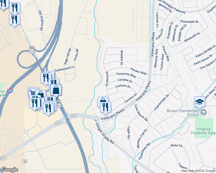 map of restaurants, bars, coffee shops, grocery stores, and more near 11520 Verazae Drive in Reno