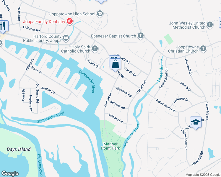 map of restaurants, bars, coffee shops, grocery stores, and more near 226 Kearney Drive in Joppatowne