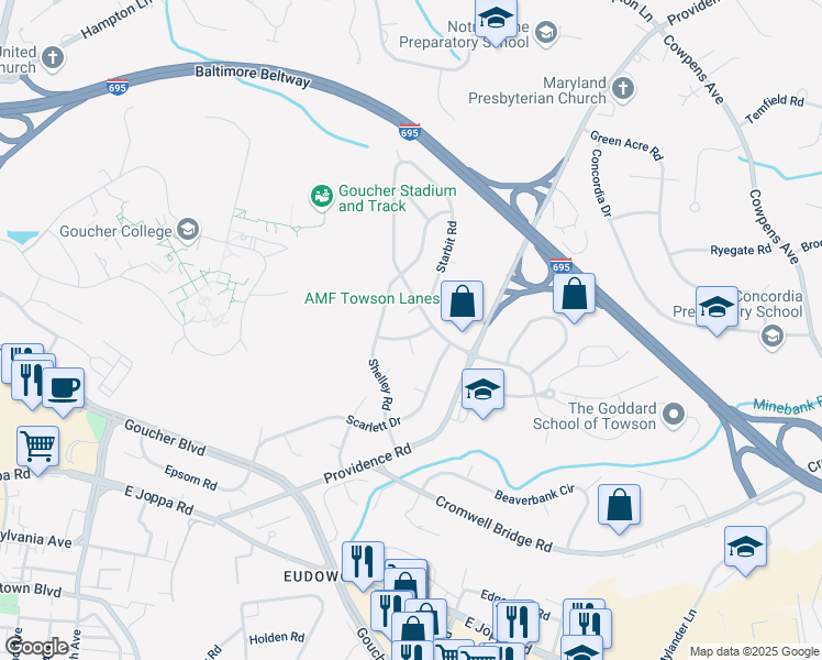 map of restaurants, bars, coffee shops, grocery stores, and more near 808 Seaword Road in Towson