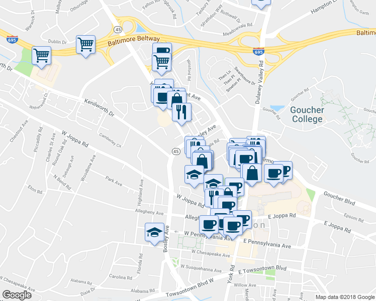 map of restaurants, bars, coffee shops, grocery stores, and more near 800 York Road in Towson