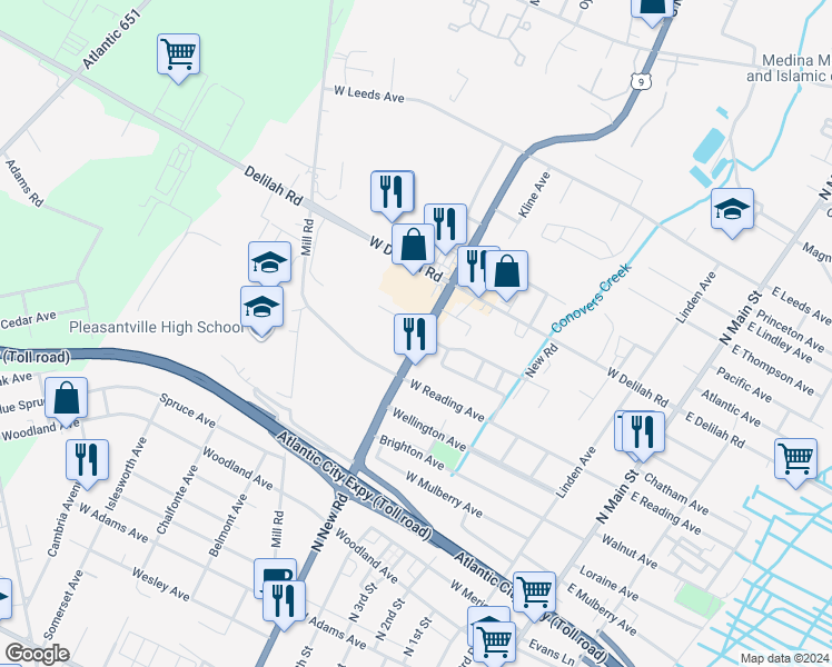 map of restaurants, bars, coffee shops, grocery stores, and more near 825 North New Road in Pleasantville