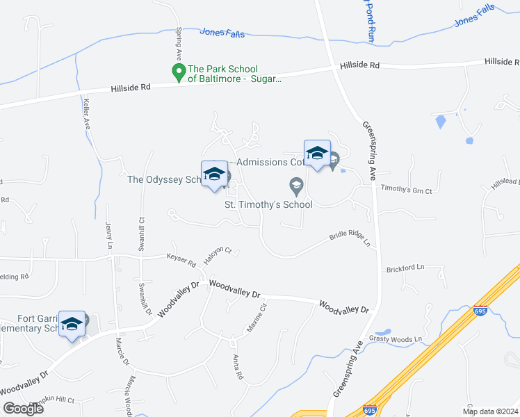 map of restaurants, bars, coffee shops, grocery stores, and more near Bridle Ridge Lane in Pikesville