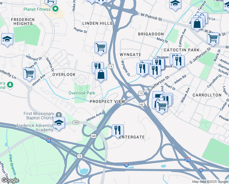 map of restaurants, bars, coffee shops, grocery stores, and more near 579 Primus Court in Frederick