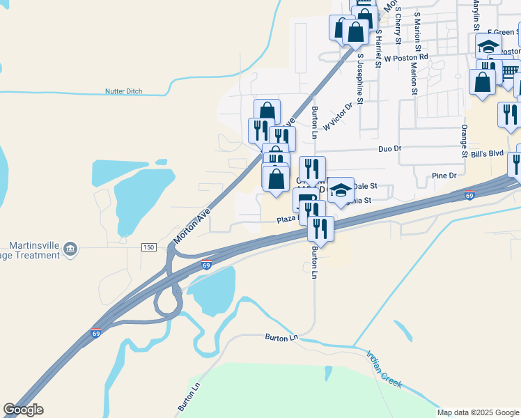 map of restaurants, bars, coffee shops, grocery stores, and more near Cloverleaf Court in Martinsville
