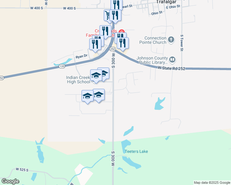 map of restaurants, bars, coffee shops, grocery stores, and more near 801 South Indian Creek Drive in Trafalgar