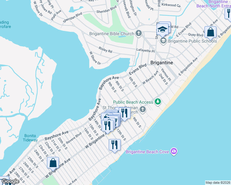 map of restaurants, bars, coffee shops, grocery stores, and more near 150 9th Street South in Brigantine
