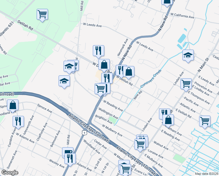 map of restaurants, bars, coffee shops, grocery stores, and more near 825 North New Road in Pleasantville