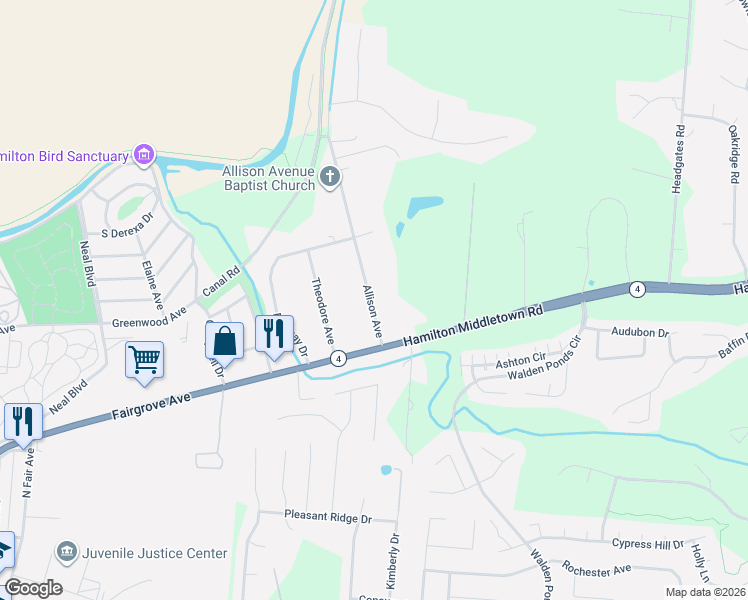 map of restaurants, bars, coffee shops, grocery stores, and more near 6029 Allison Avenue in Hamilton