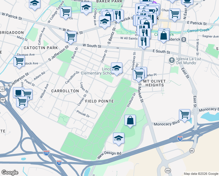map of restaurants, bars, coffee shops, grocery stores, and more near 408 Carrollton Drive in Frederick