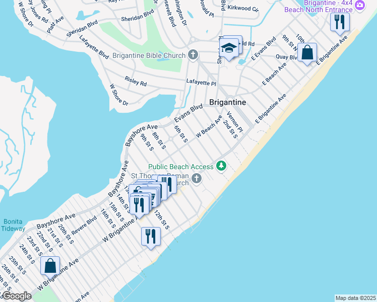 map of restaurants, bars, coffee shops, grocery stores, and more near 606 West Beach Avenue in Brigantine