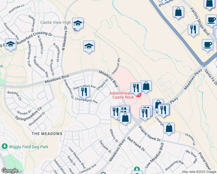 map of restaurants, bars, coffee shops, grocery stores, and more near Vindaloo Drive in Castle Rock