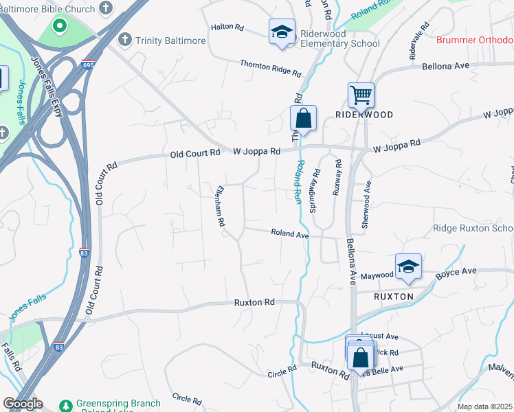 map of restaurants, bars, coffee shops, grocery stores, and more near 7911 Ellenham Rd in Towson
