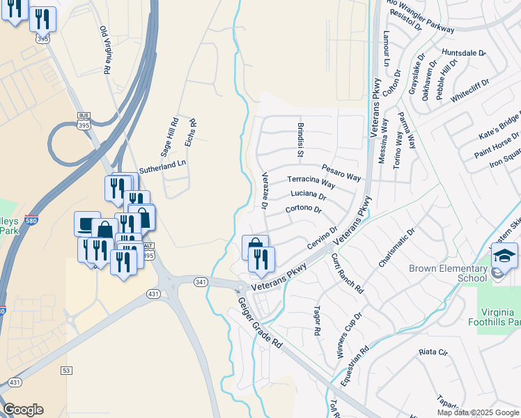 map of restaurants, bars, coffee shops, grocery stores, and more near 11525 Verazae Drive in Reno