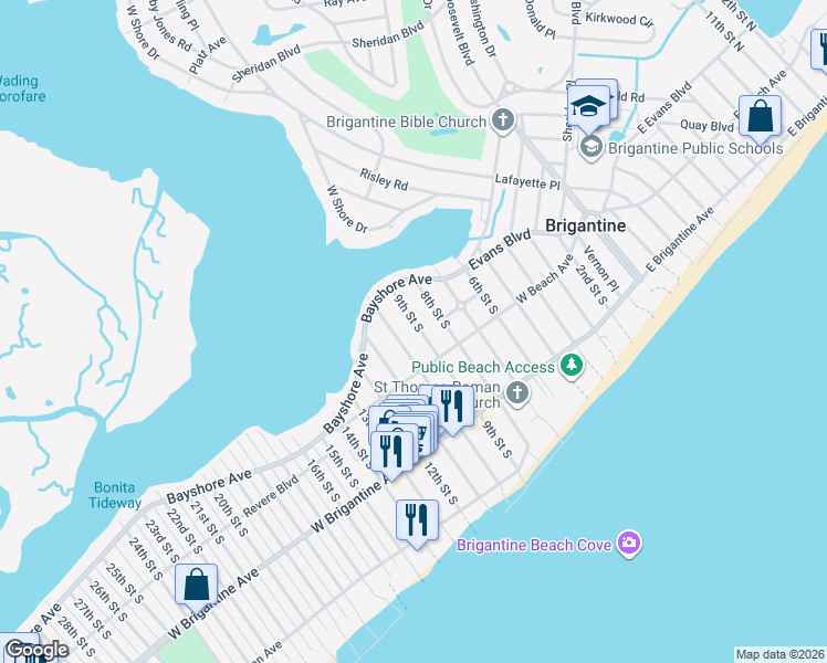 map of restaurants, bars, coffee shops, grocery stores, and more near 150 9th Street South in Brigantine