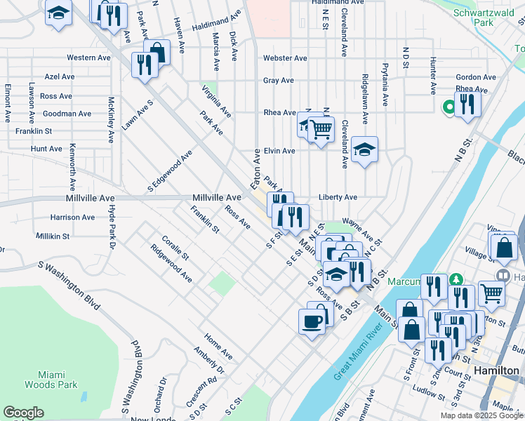 map of restaurants, bars, coffee shops, grocery stores, and more near 551 Main Street in Hamilton
