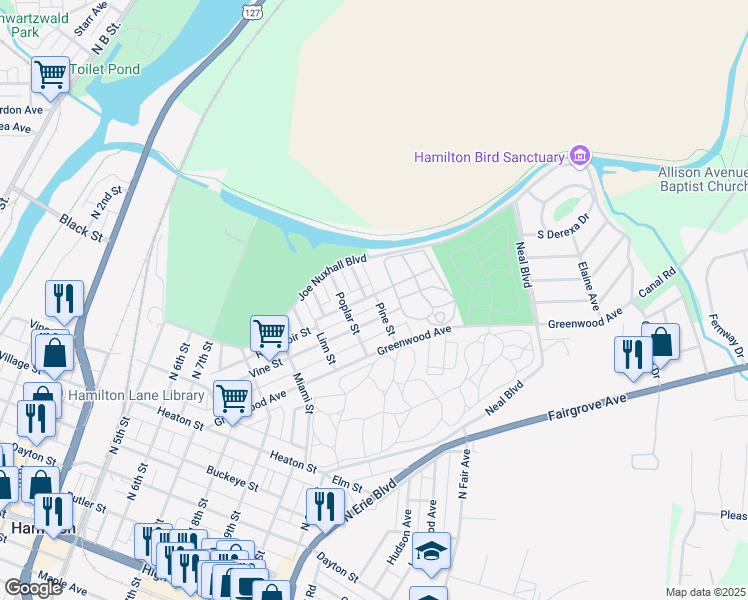 map of restaurants, bars, coffee shops, grocery stores, and more near 1223 Reservoir Street in Hamilton