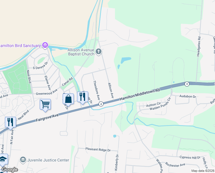 map of restaurants, bars, coffee shops, grocery stores, and more near 6029 Allison Avenue in Hamilton