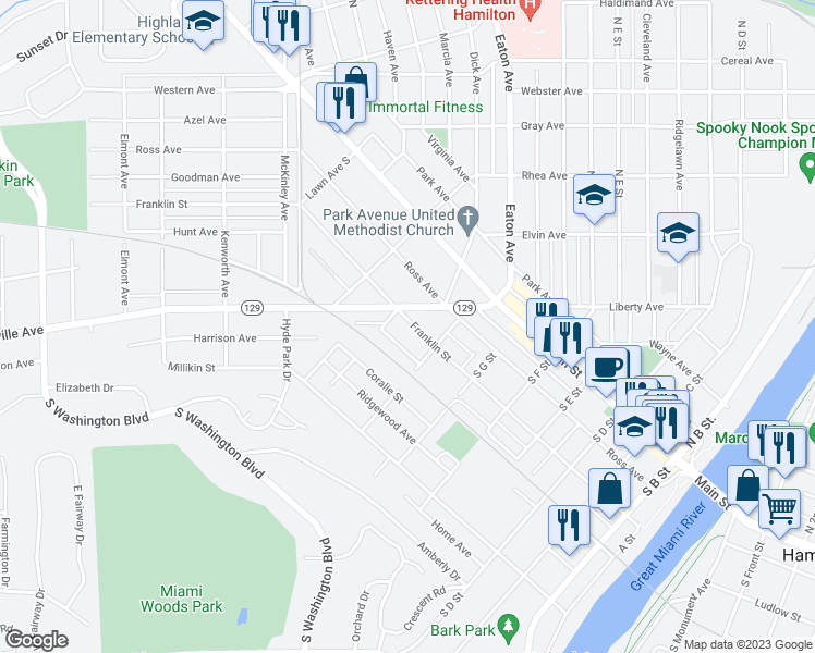 map of restaurants, bars, coffee shops, grocery stores, and more near 679 Franklin Street in Hamilton